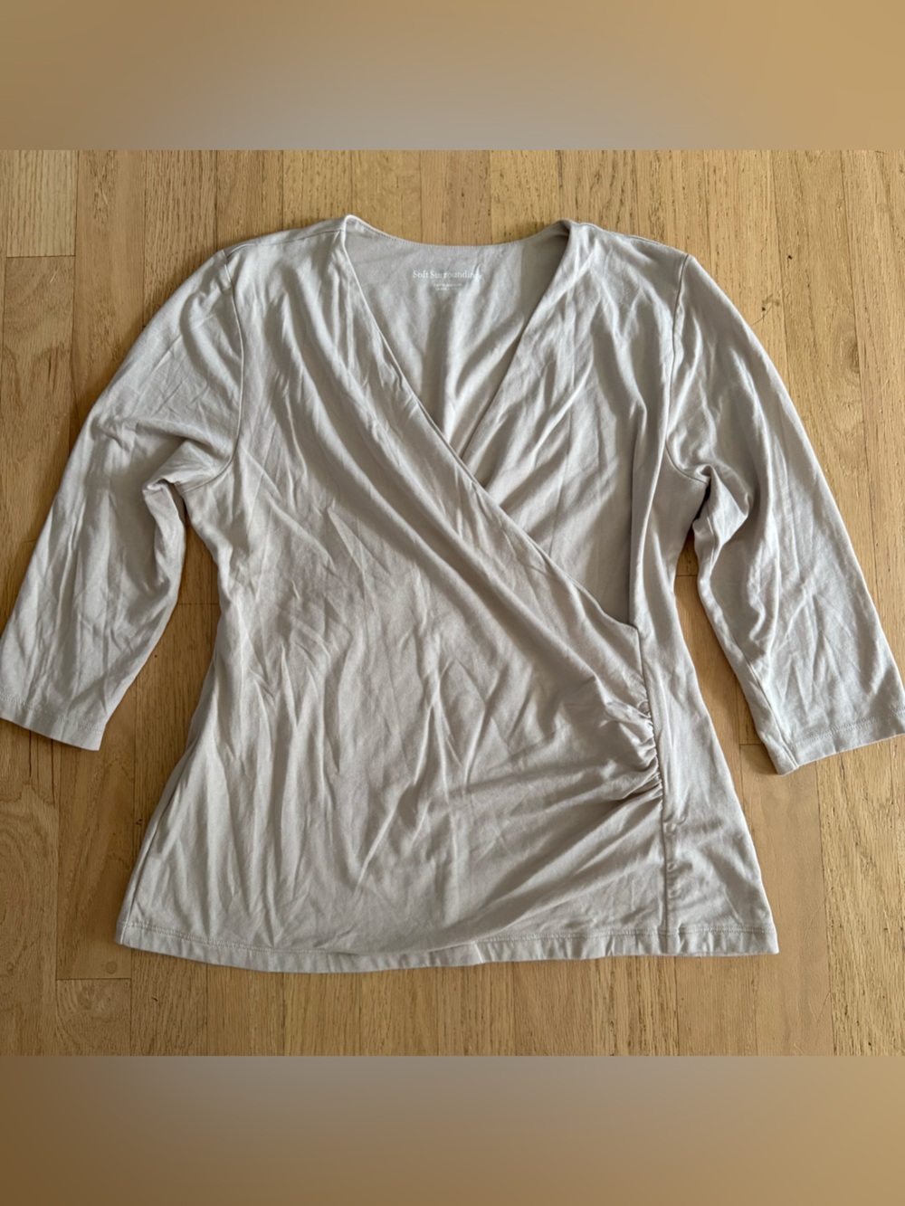 Soft Surroundings Medium Petite Tan Beige V Neck Wrap Shirt Pima Cotton
